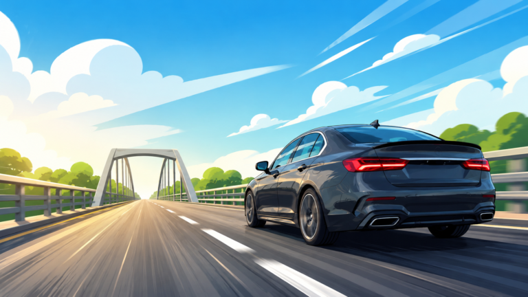 Car driving on a sunny bridge