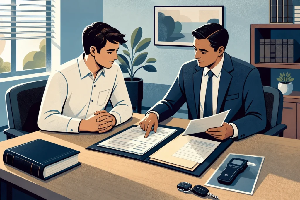 Two men sit across an office desk reviewing documents, one pointing at a page. A book, car keys, and a photo of a handheld device lie nearby.